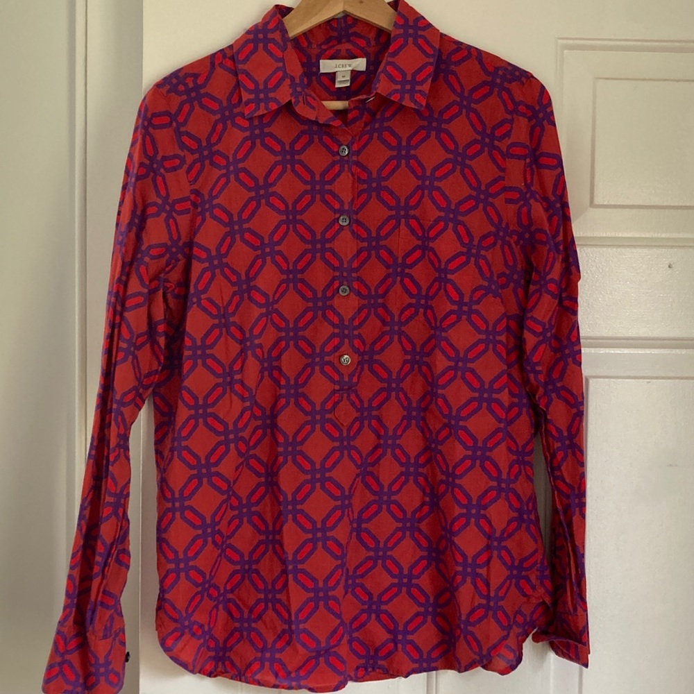 J. Crew Red Shirt with Purple Geometric Print